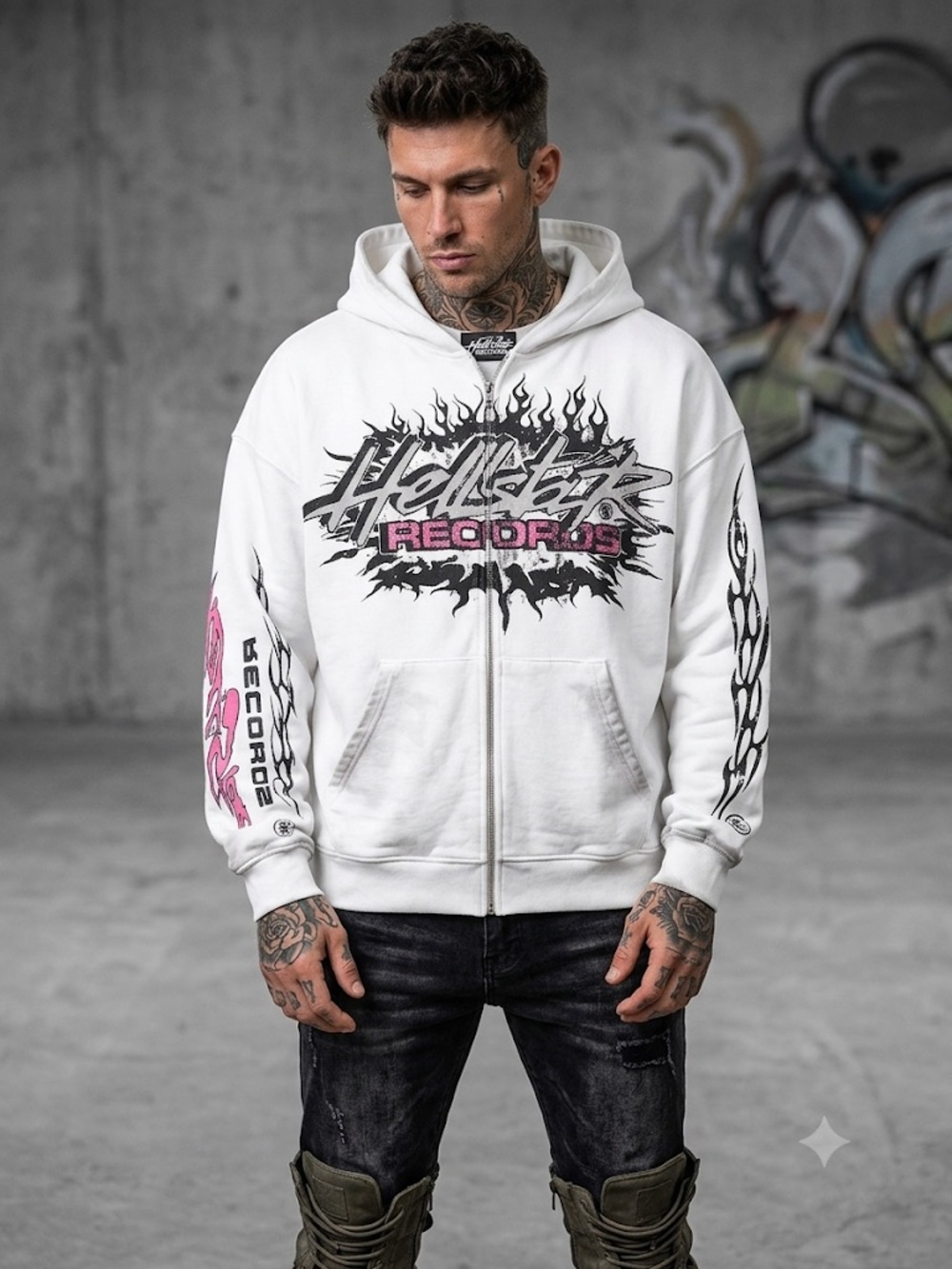 HELLSTAR RECORDS White Graphic Flame Pink Zip Up Hoodie